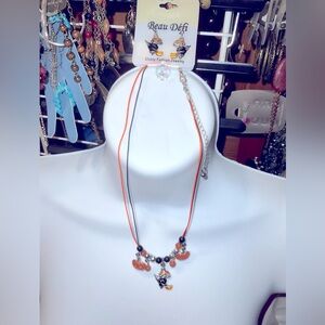 Halloween Necklace & EARRING SET PUMPKIN jacko lantern FLYING WITCHES NW VINTAGE